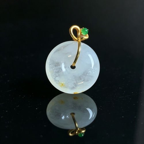 翡翠A货冰种雪花棉18K金平安扣