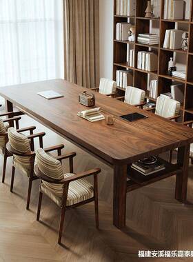 胡桃木全木长餐书桌一体客厅台工作家用会NHW实议办公桌学习桌大