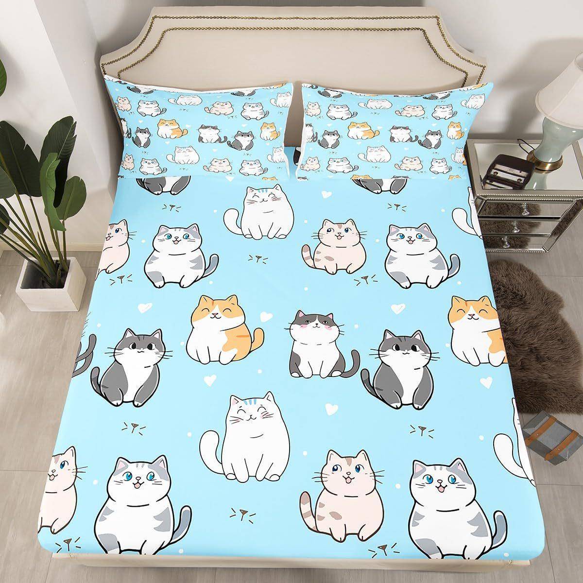 猫卡通猫床用品上青少年男孩色可爱彩KHS小白色猫爪印花床单四件