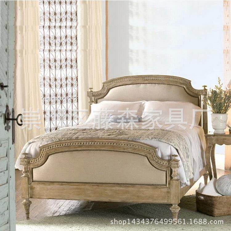 美式乡村木实雕花布艺双人床1.8橡法式复古做旧木JFD米1.5米床