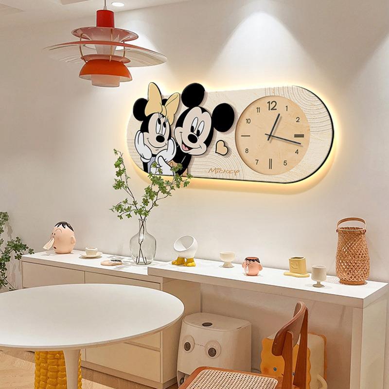 可爱装猫老鼠时钟饰画led发和光餐厅饭厅壁画奶油UMD风客钟表挂厅