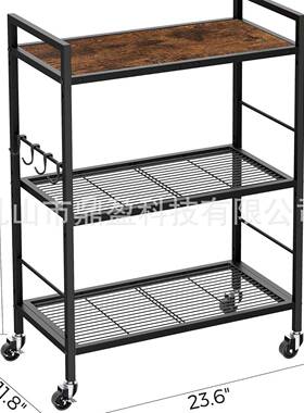 3层金属储架带VUD工业轮子，网状搁架木质桌带物面节，可调搁板