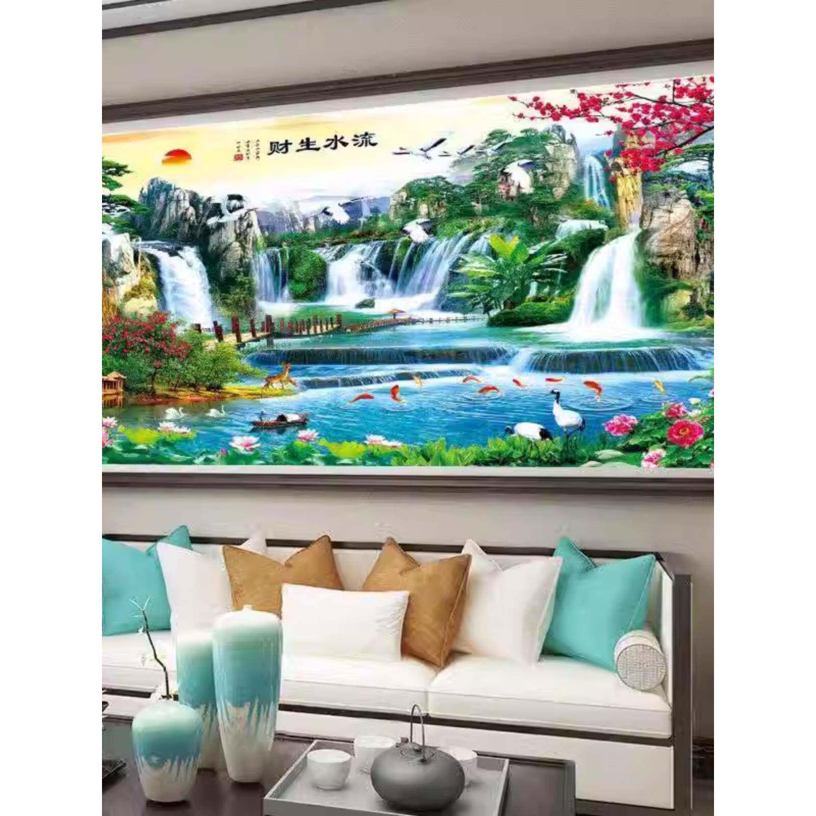 ?绣已好带框纯裱手工十字财成品流水生聚宝盆客厅风景山水Fh(h($p