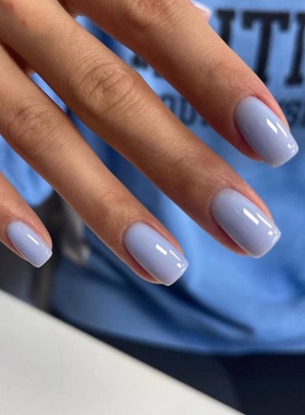 蓝色纯色海莉穿戴甲手工短款简约老钱美甲高级绝美方形指甲