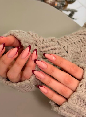 新年红色猫眼海莉穿戴甲手工中长款老钱简约美甲高级绝美杏仁指甲