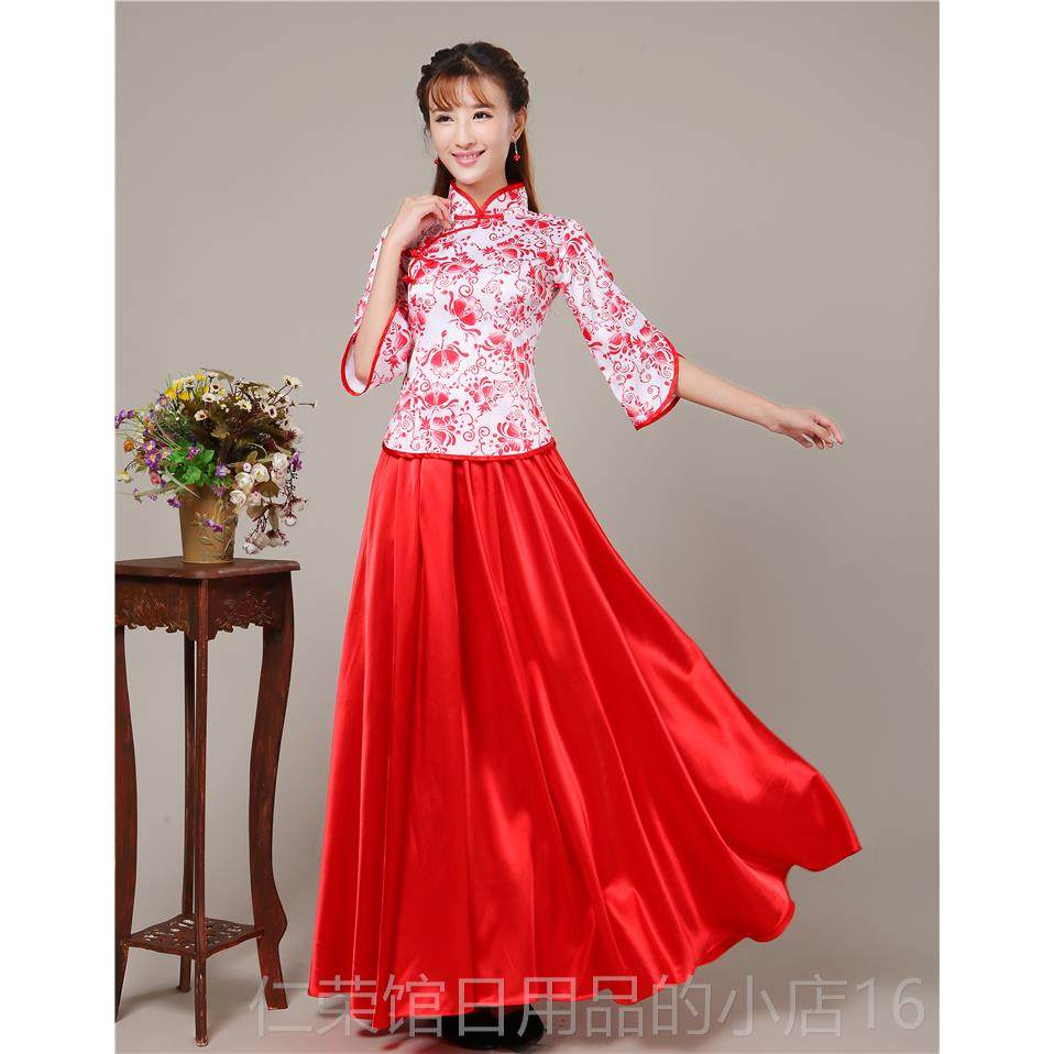 正品中风舞青花瓷大红色连身礼服 女装古国民乐古筝演出服 广场典