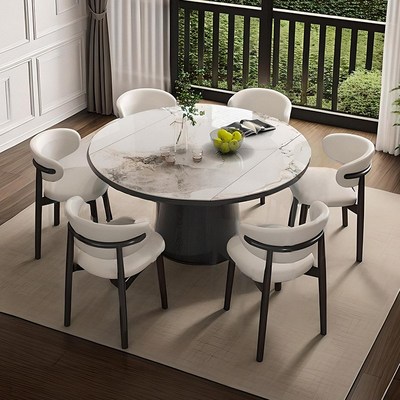 中古风可伸缩圆桌岩板实木餐桌家用折叠可变圆形旋转圆盘法式复古