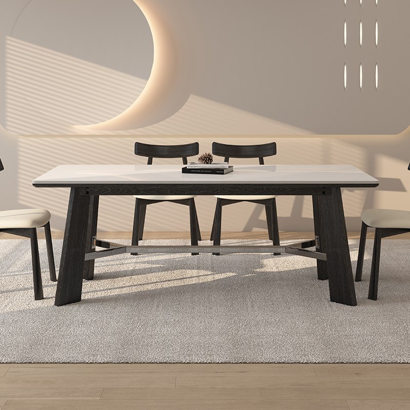 中古风德利丰实木岩板餐桌高级感家用长方形现代简约小户型饭桌子