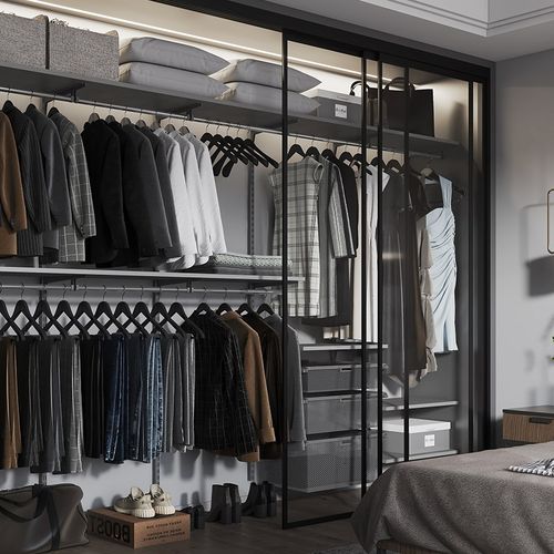 【三个房间】灰色金属衣柜卧室家用框架组装开放式衣帽间全屋定制