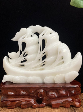 天然玉石一帆风顺帆船摆件客厅玄关酒柜家居办公桌面装饰开业礼品