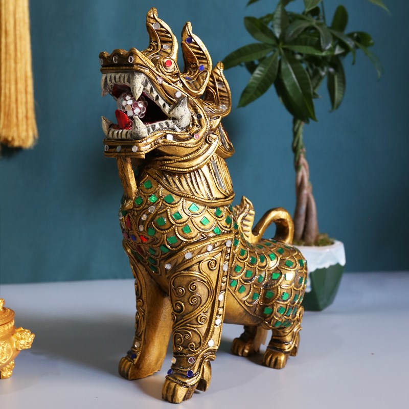 泰国进口实木玄关摆件麒麟家居办公室工艺品东南亚装饰品门厅桌面