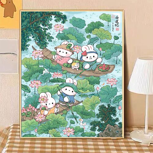 【兔漂朵拉】八代背板画布 可爱小兔兔DIY数字油画丙烯手工装饰画