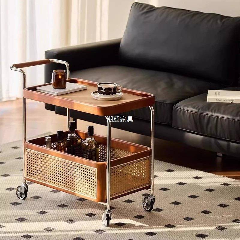 边IEZ几中古小层推车实木藤编厅客移动收双纳置物架带轮餐边柜家