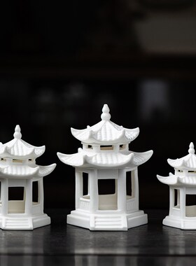 六角凉亭茶宠摆件精品高档陶瓷家居摆件茶玩茶桌茶台装饰茶具配件