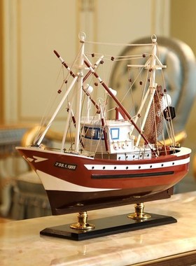 船模型摆件一帆风顺帆船摆件仿真渔船模G型45CM一帆风顺实木帆船