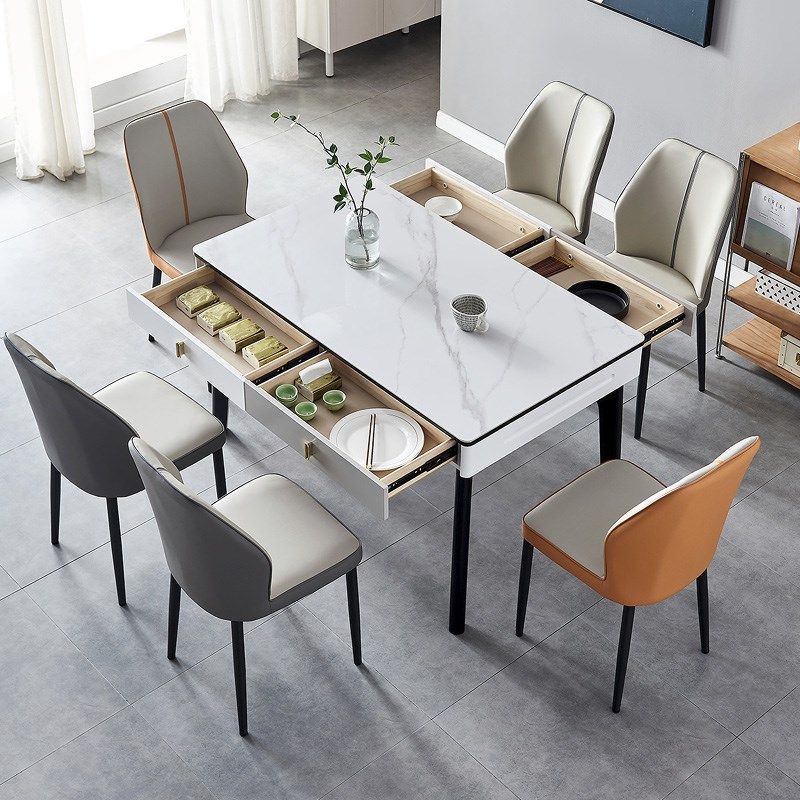 实木岩板餐桌椅组合现代简约带储物抽屉家用长方形玉晶石吃饭桌子