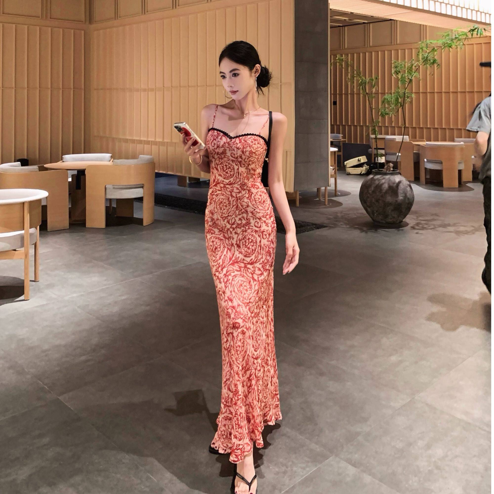 夏季气质长款蕾丝女款自带高级碎花抹胸吊带连衣裙衣服裙子1042#