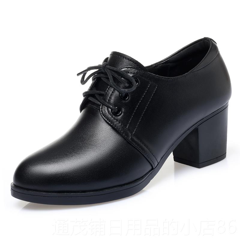 正品黑鞋色真皮女鞋中年女士系带皮鞋高跟单鞋软底软皮妈妈子中老
