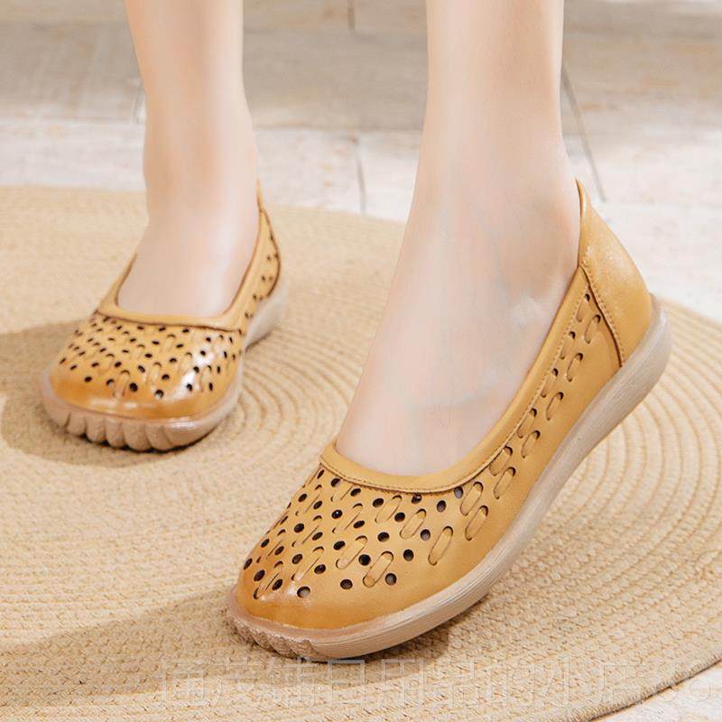 正品Ok平hui鞋妈妈夏季真皮底鞋舒适平a底鞋女式皮鞋中老年人便鞋