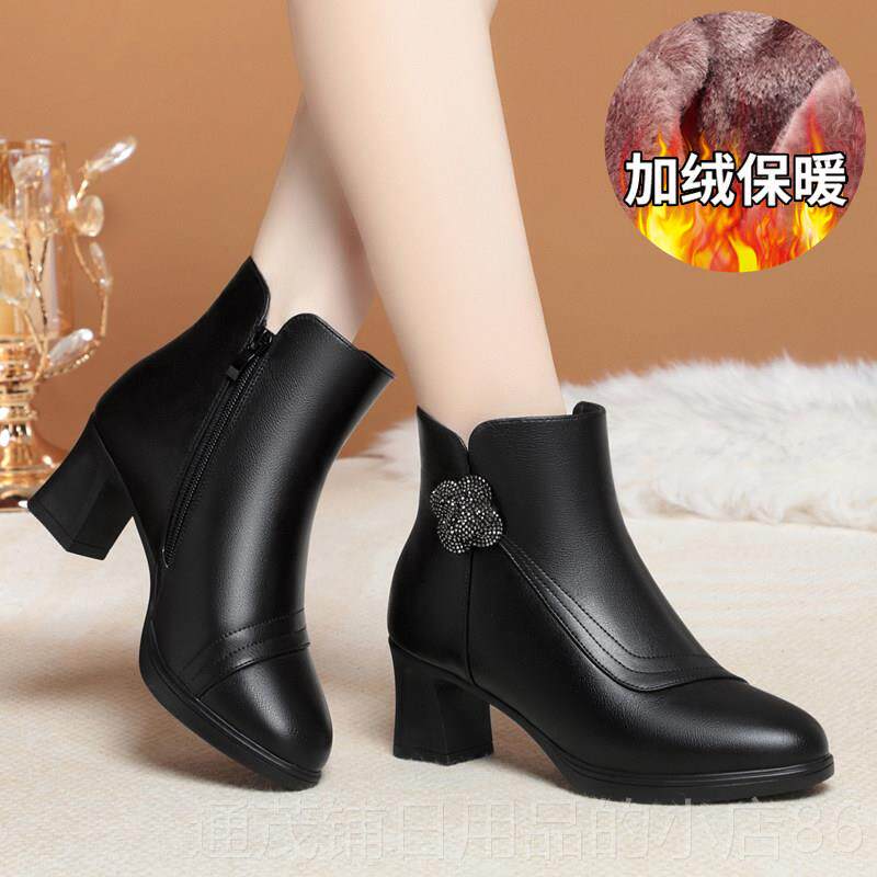 正品靴女冬季短靴真妈皮女高跟粗跟红色鞋加绒妈棉鞋中年靴喜婆婆
