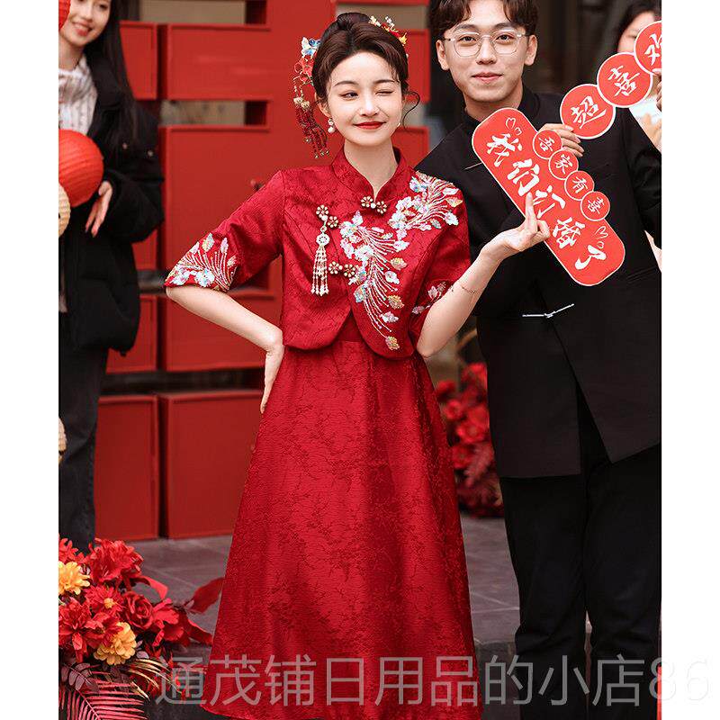 正品中式两件式旗袍套门装瘦酒红色孕妇大礼尺码敬酒服高腰遮肚显