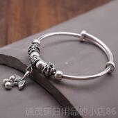 正品 足银女9999纯银手镯覆古气质苏鱼吊坠圆珠镯子流推拉送女友款