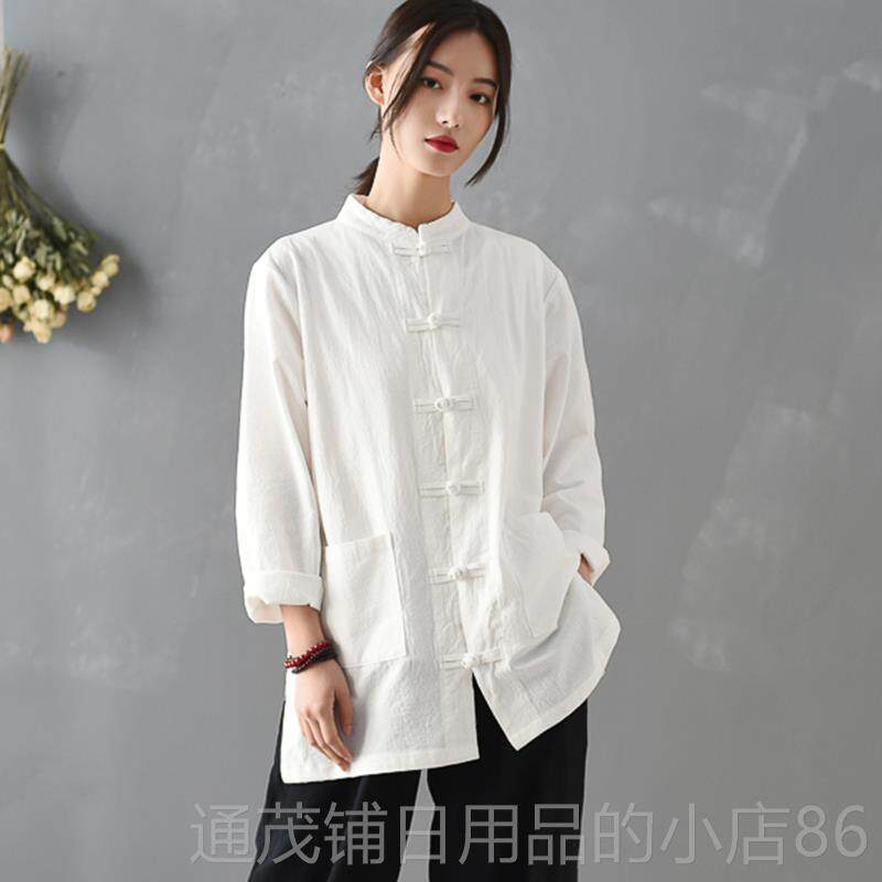 正品文艺上盘中扣式棉麻大码长袖衬衫立领茶服女国风中衣开衫复古