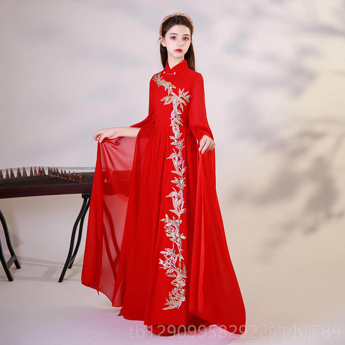 正品端持女童古筝演出服诵演奏朗儿童装中国风小主人中式晚高礼服