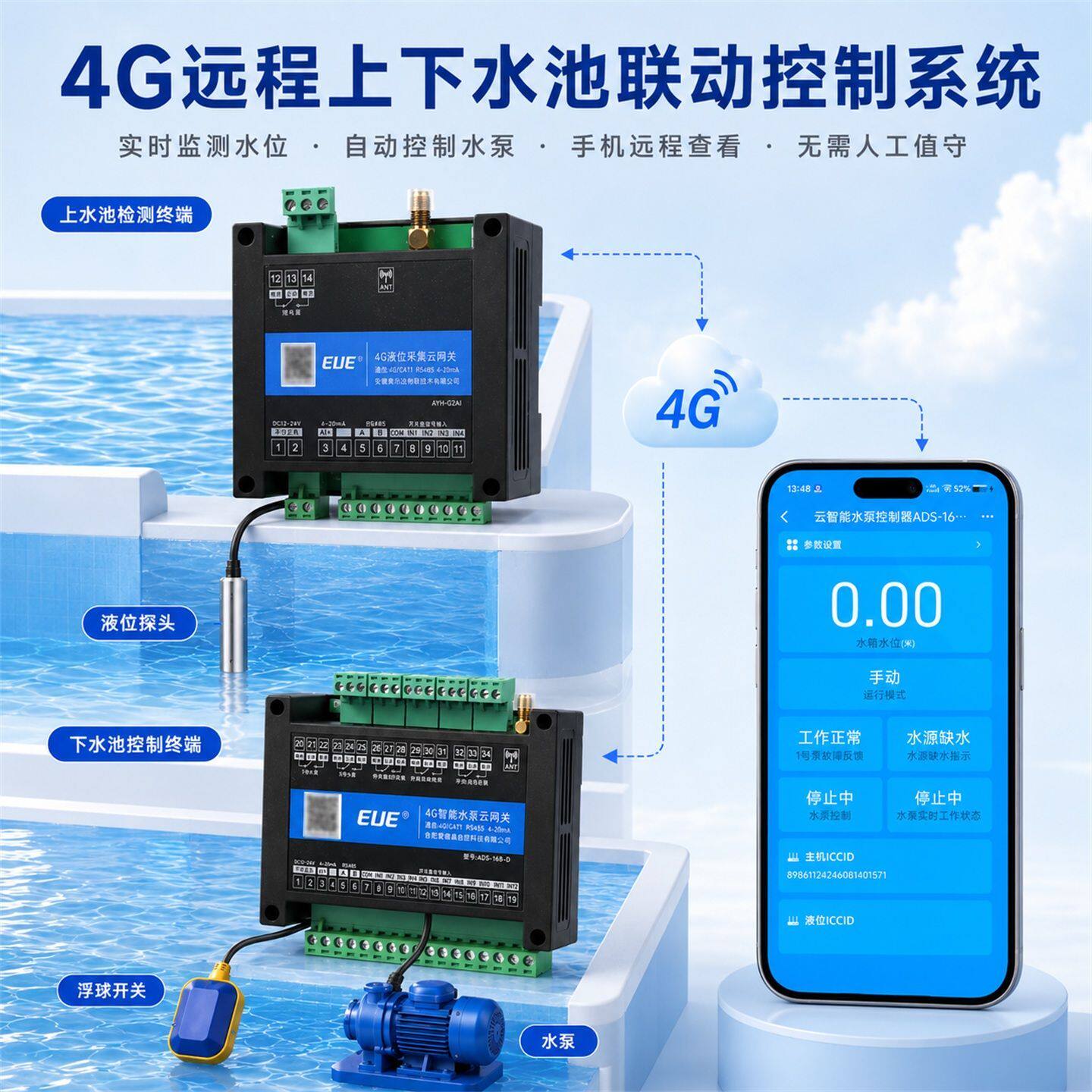 4G远程控制器手机智能开关上下水池联动APP控制自动供水220v380v
