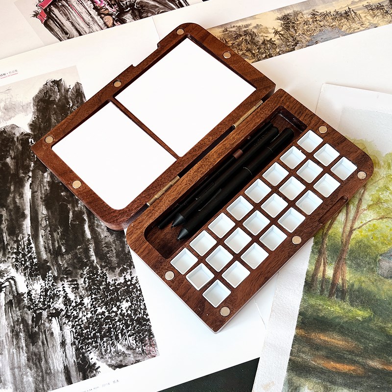 黑胡桃水彩盒分装盒笔盒固体水彩 加厚不变型便携保湿24色2毫升