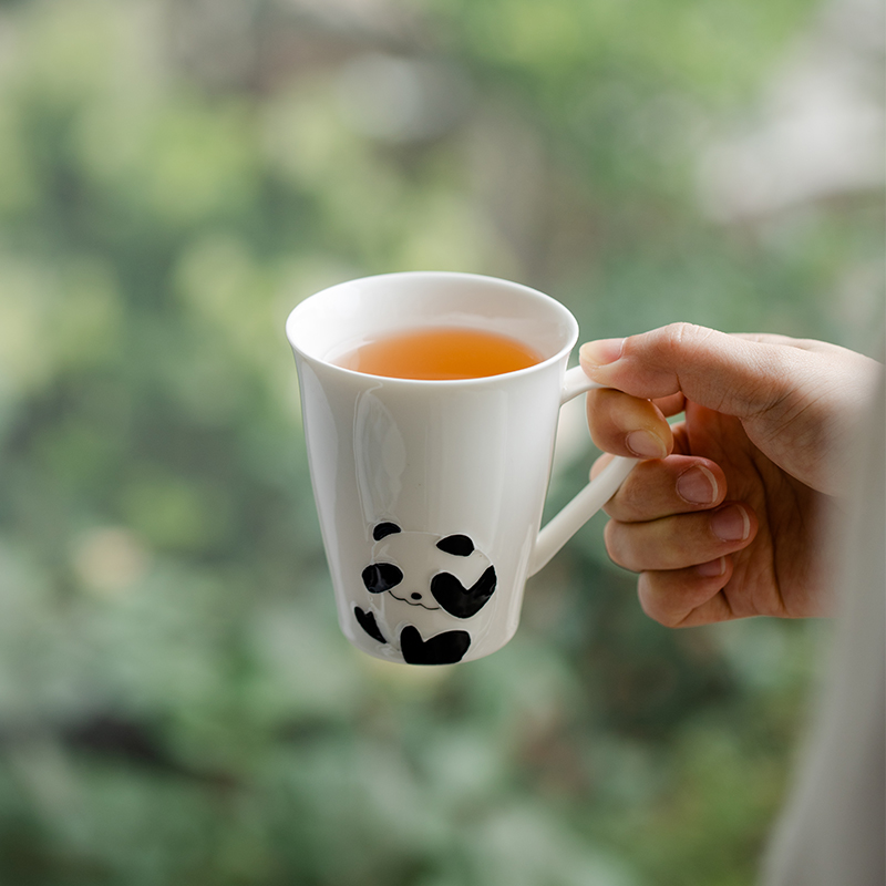 拓土纯手绘熊猫仔仔趴趴泡茶杯带把家用创意陶瓷水杯咖啡杯不烫手