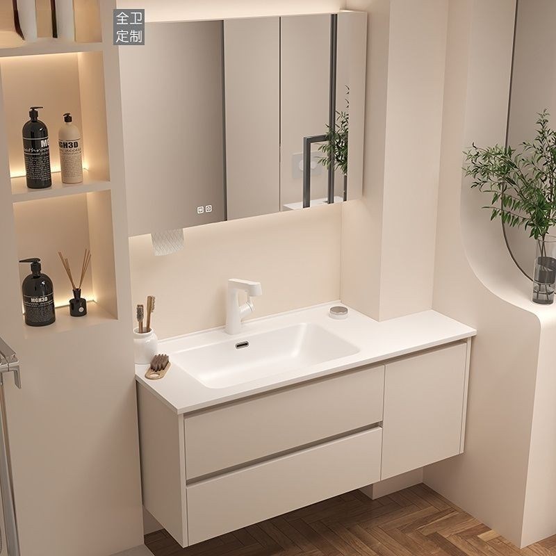 浴室柜陶瓷智能一体隐藏切角卫生间洗手盆洗脸盆组合洗漱台奶油风
