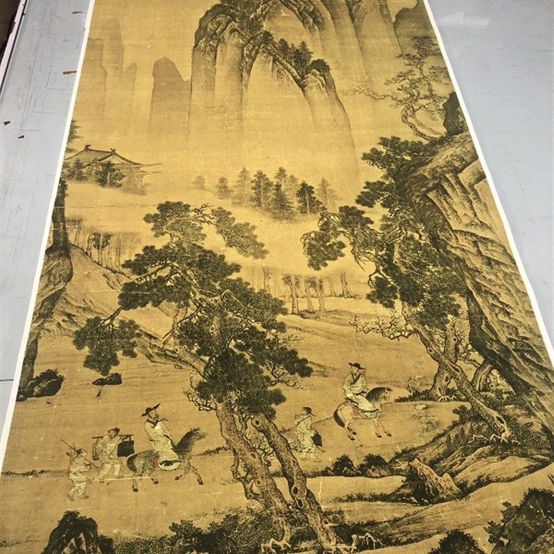 明 唐寅 松林扬鞭图 唐伯虎山水风景人物国画立轴装饰画挂轴装裱