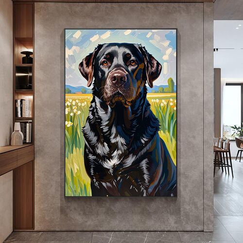拉布拉多犬黑白狗狗油画风客厅装饰画卧室宠物店墙面玄关走廊挂画