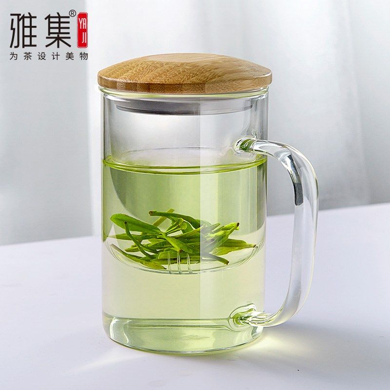 雅集玻璃杯木盖茶水分离耐热防烫竹盖款家用办公透明过滤带盖茶杯