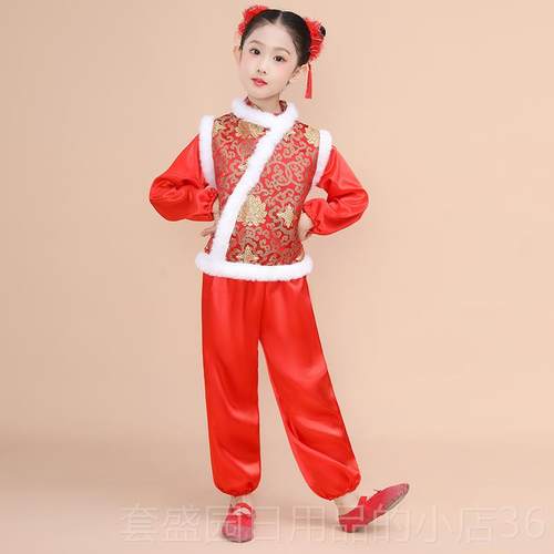 高档元旦童喜庆童演出服男儿女中国风舞蹈打鼓拜年开门表演红服幼