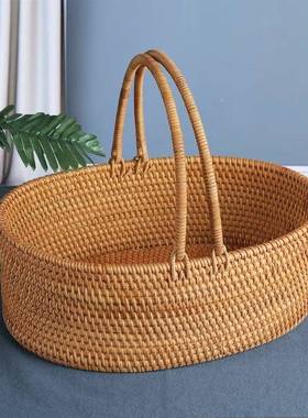 南藤编纳收筐带提手果34965篮客厅家用茶几水篮果盘越草编装面包