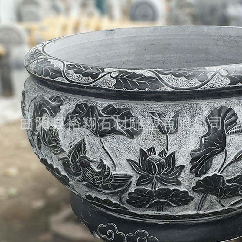 现青石仿古石雕水缸花鱼盆户外门GKG海流水货青石圆荷缸花鲤浮雕