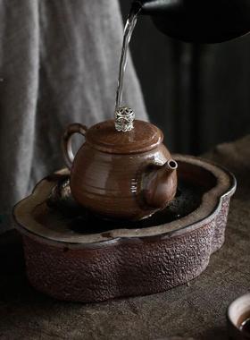 日茶式粗陶壶TFQ承陶瓷蓄盘干泡盘茶台水茶托手工复古铜币海棠茶