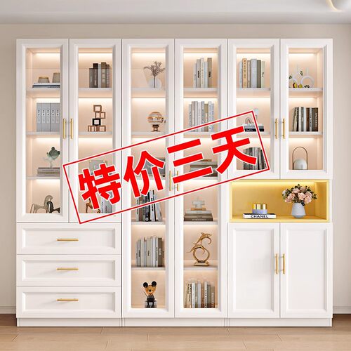 书柜带玻璃门加厚背板儿童防尘书橱一体整墙到顶家用书架展示柜子