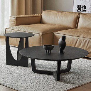 梵也家具圆形茶几组合实木高低沙发边几黑色意式极简客厅茶桌圆桌