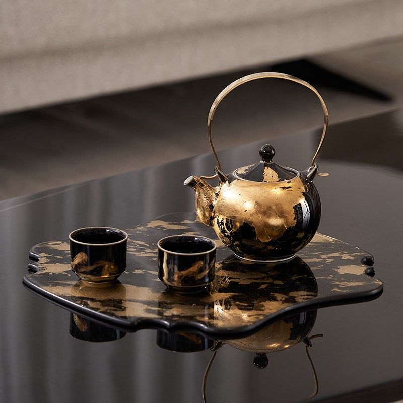 现代中式金色茶盘茶具套装客厅茶室茶几上软装陈列摆件高级感饰品