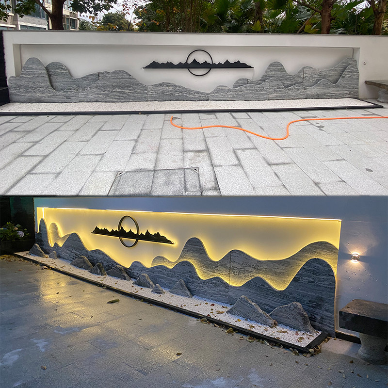 天然雪浪石切片石雕背景墙中式庭院假山造景室内外装饰灯光影壁墙