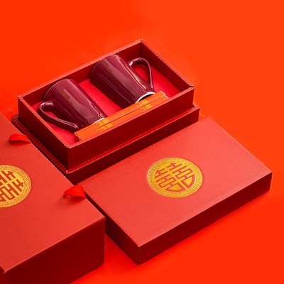 结婚洗漱牙刷杯子套装陪嫁酒红漱口杯婚庆用品新婚陶瓷情侣款牙杯