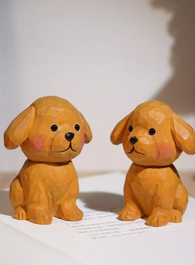 黄色小土狗手工木雕小摆件可爱动物工位书房家居电视柜桌面装饰品