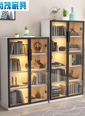 实木书柜带玻璃柜柜门现代感简约XEN客厅置物架储物带ELD应灯陈列