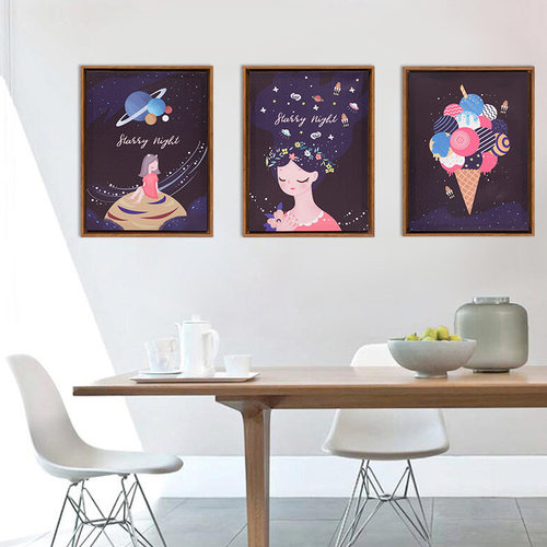 如果roogo分销 卡通星夜三联画墙壁装饰挂画 房间卧室创意装饰画
