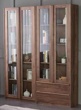 美黑胡桃木实木日式组合书柜北玻收璃柜门樱桃木纳柜储FEV物带抽