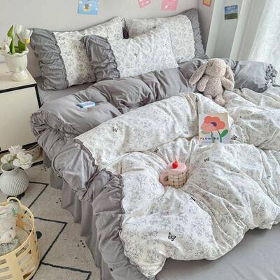 三法式朵蝴蝶印花灰花边床单床套笠床裙YKD款被被罩四件套宿舍件