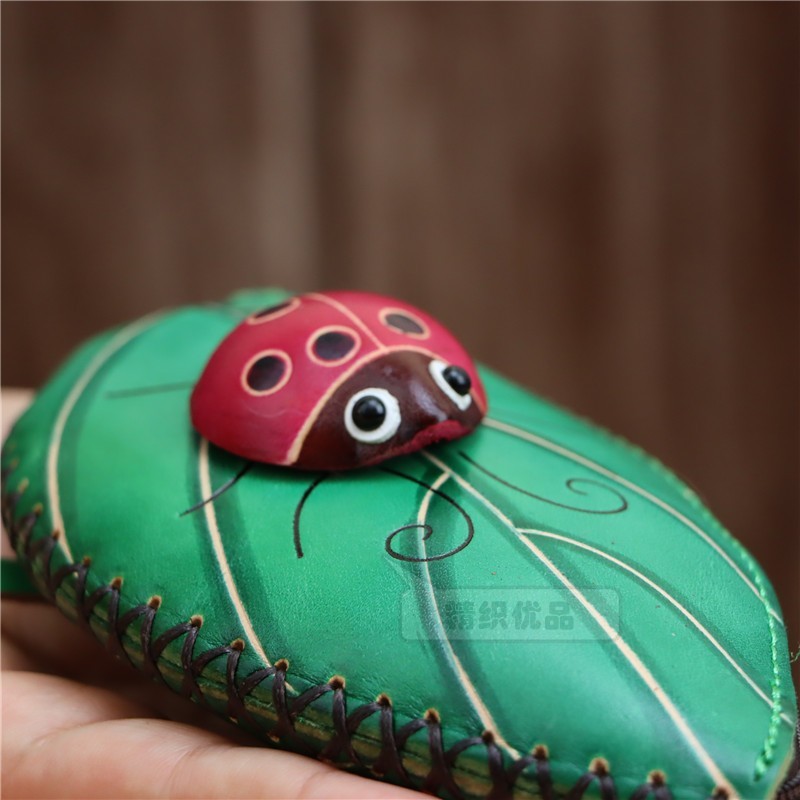 头层牛皮创意树叶七星瓢虫迷你零钱包牛皮卡片钥匙包手拿包手拎包